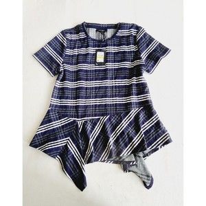 DKNY Women's Short Sleeve Asymmetrical Hem Peplum Top M Navy Stripe